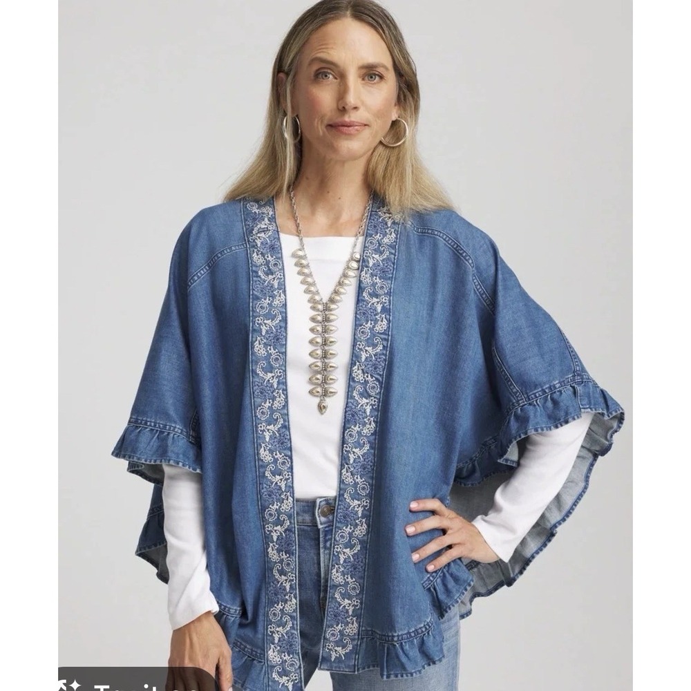 Chicos Denim Poncho Wrap Embroidered Woman OS HippieBoho Festival Granola
